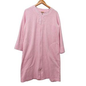 Miss Elaine Pink Zip-Front Robe With Pockets & Embroidered Detail Size Small